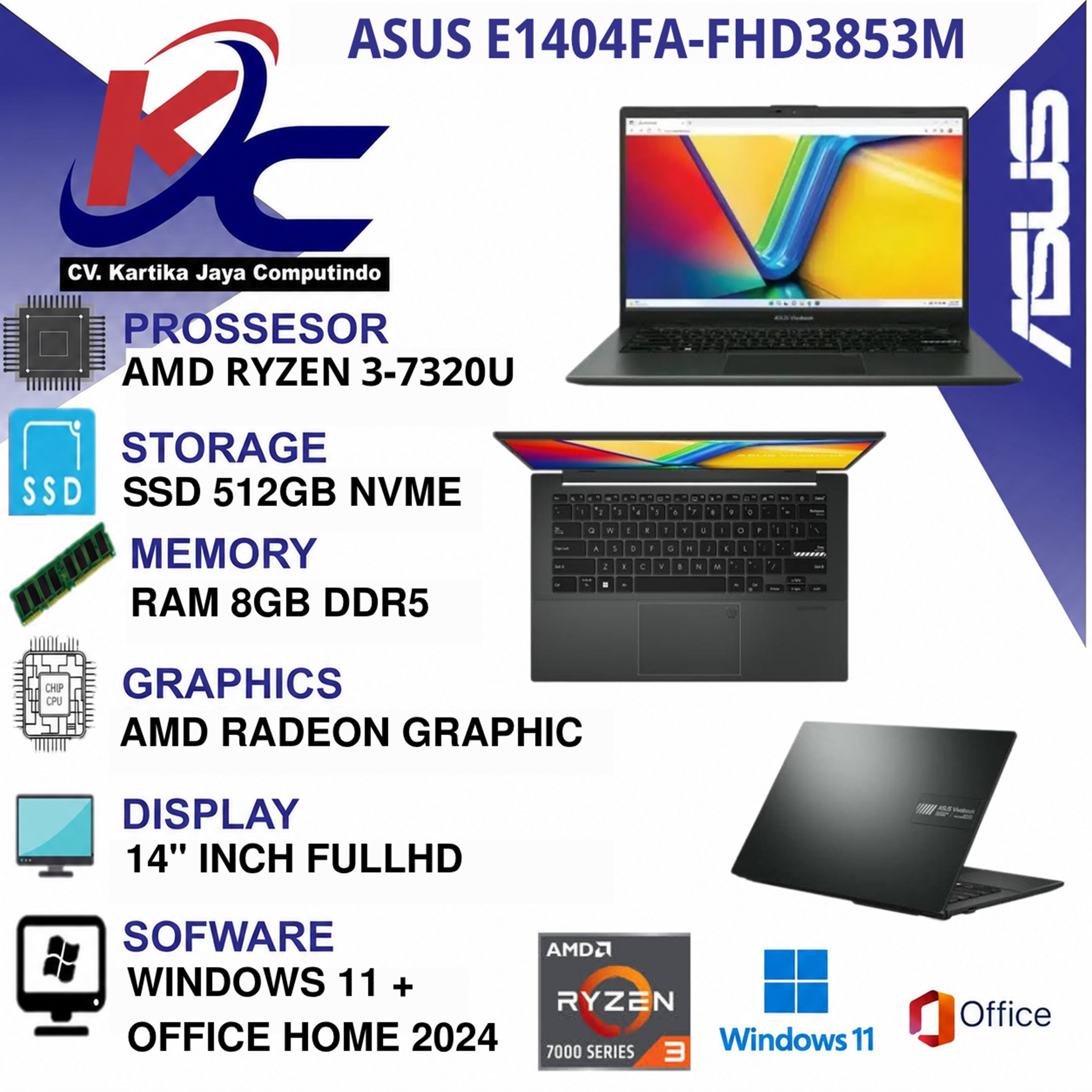 ASUS E1404FA-FHD3853M  R3-7320U/ 8GB/ SSD512/ W11 OHS+0365 GREY
